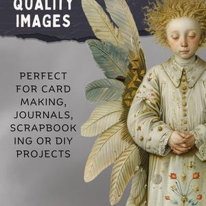 Full-length angel close-up, ornate gown, detailed gold halo and layered wings, vintage style Christmas angel ephemera printable
