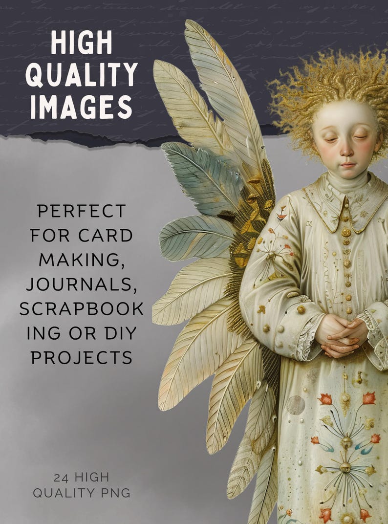 Full-length angel close-up, ornate gown, detailed gold halo and layered wings, vintage style Christmas angel ephemera printable