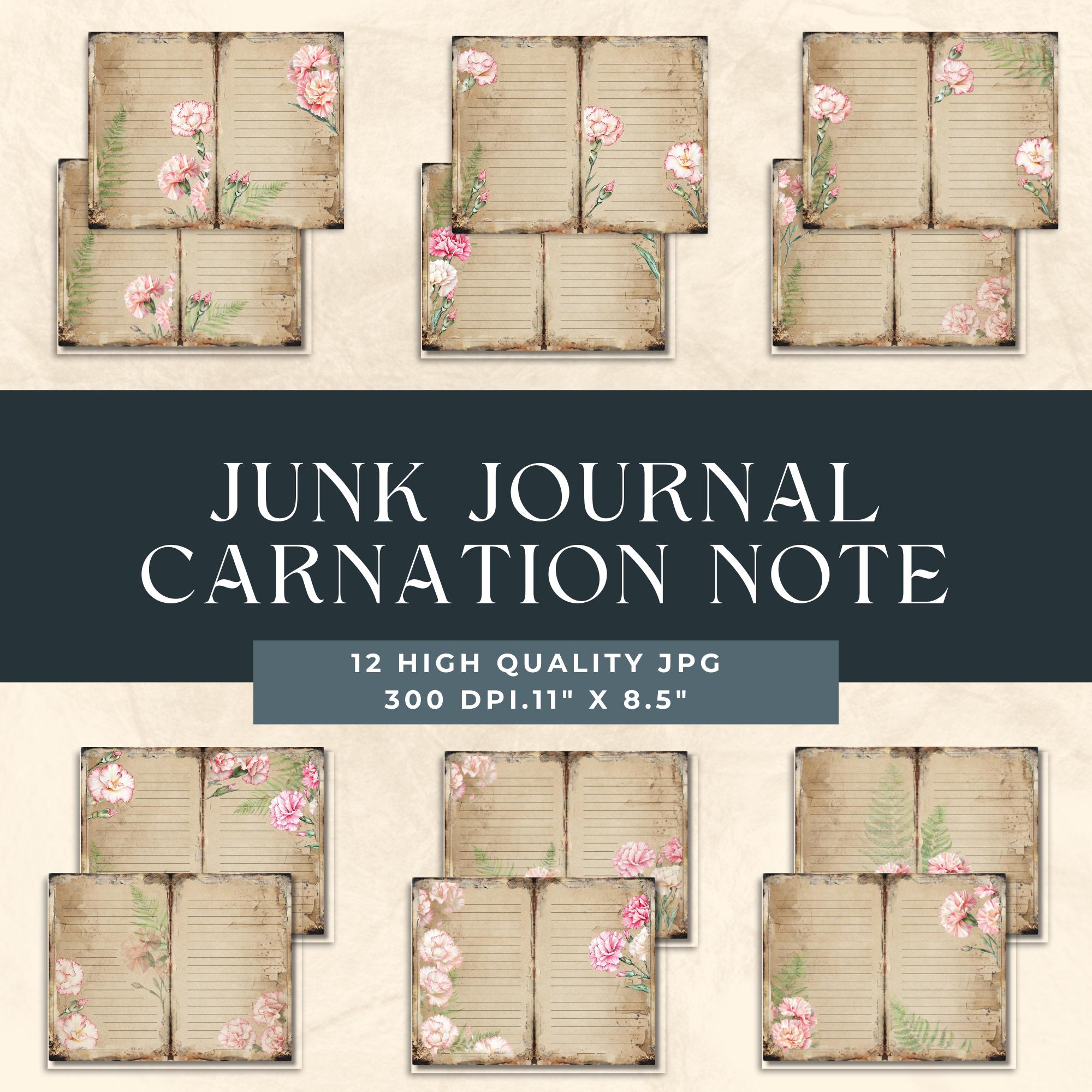 ピンクのカーネーションの罫線入りジャンクジャーナル ダブルページ