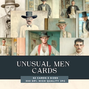 Op de afbeelding: Een set van 52 kaarten met illustraties van mannen in verschillende poses en kleding. De kaarten zijn van hoge kwaliteit en verkrijgbaar in drie formaten. De tekst op de kaarten luidt "Unusual Men Cards" en "52 Kaarten 3 Formaten 300 DPI. Hoge Kwaliteit JPG".