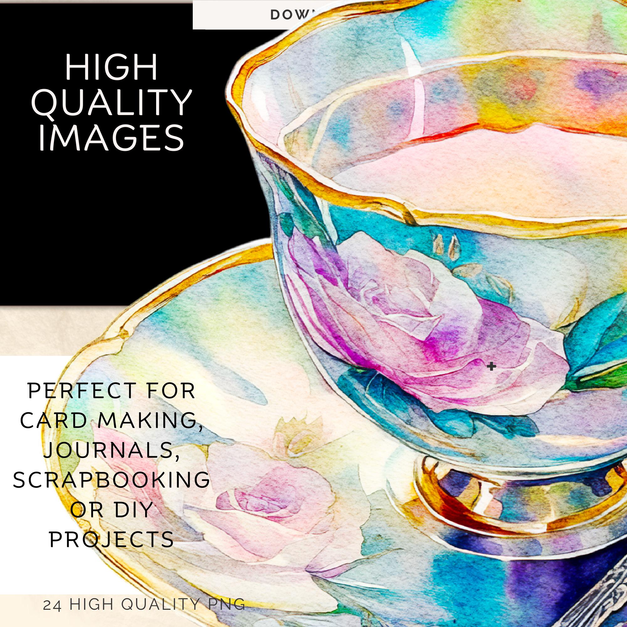 水彩ティーカップのクリップアート、ヴィンテージ水彩画、スクラップ