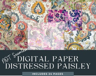 Distressed Paisley Digital Paper, Paisley Pattern, Distressed texture, Commercial Use, Abstract Paisley,Scrapbook Paper, Paisley paper