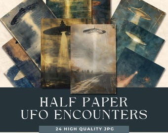 May include: A set of 24 digital paper designs featuring vintage-style images of UFOs with beams of light. The papers are 5.5 inches by 8.5 inches and 300 DPI.