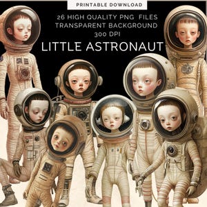 Wunderliche kleine Astronauten, Weltraumforscher im Vintage-Stil, 26 PNG Clipart Sammlung, digitaler Download, Collage Zubehör, eigentümliche Bilder