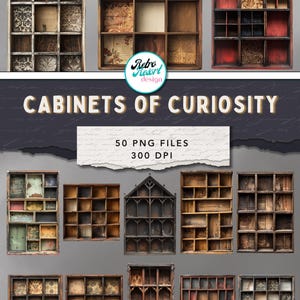 May include: A collection of digital printable files featuring various wooden printer cabinets with multiple compartments, some with patterned backings. The text reads PRINTABLE DOWNLOAD, Retro Resort design, CABINETS OF CURIOSITY, 50 PNG FILES, 300 DPI.