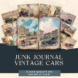 Páginas de diário de sucata de veículos antigos, papel para scrapbook digital, impressão automotiva, folha de colagem, itens históricos, estética vitoriana