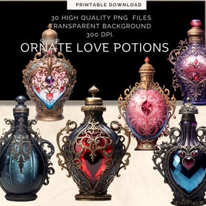 Clipart fleuri de bouteille de philtre d'amour | Potion gothique victorienne PNG | Fond transparent | Sorts de potion magique |  Sorcellerie png | Saint-Valentin