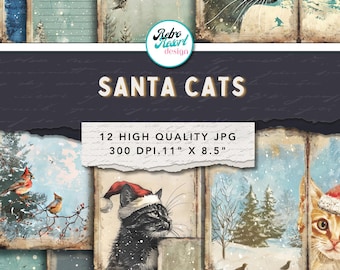 Kerstkatten-junkjournalpakket, vintage kerstkattenpagina's