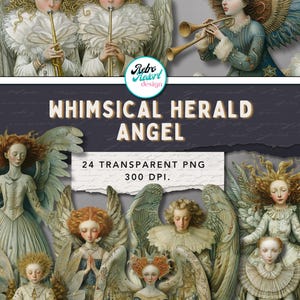Collage header showing several retro storybook angels, title band, muted greens, printable Christmas angel paper dolls set