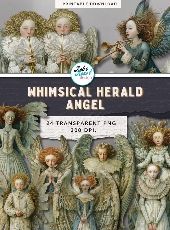 Printable Christmas Angel Paper Dolls, Retro Storybook Art, Christmas Ephemera
