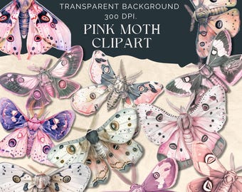 May include: A collection of watercolor moth illustrations in shades of pink, purple, and cream. The image includes the text "PRINTABLE DOWNLOAD," "PINK MOTH CLIPART," and details about the file format and resolution.