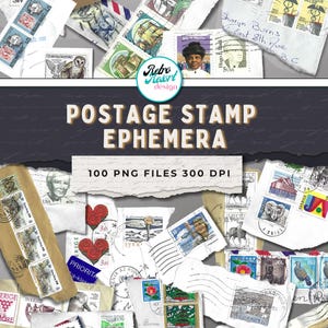 Peut inclure: Une collection de timbres-poste et d'éphémères vintage, avec des timbres de divers pays. L'image comprend des timbres avec des motifs variés, le texte « POSTAGE STAMP EPHEMERA » et « 100 PNG FILES 300 DPI ».