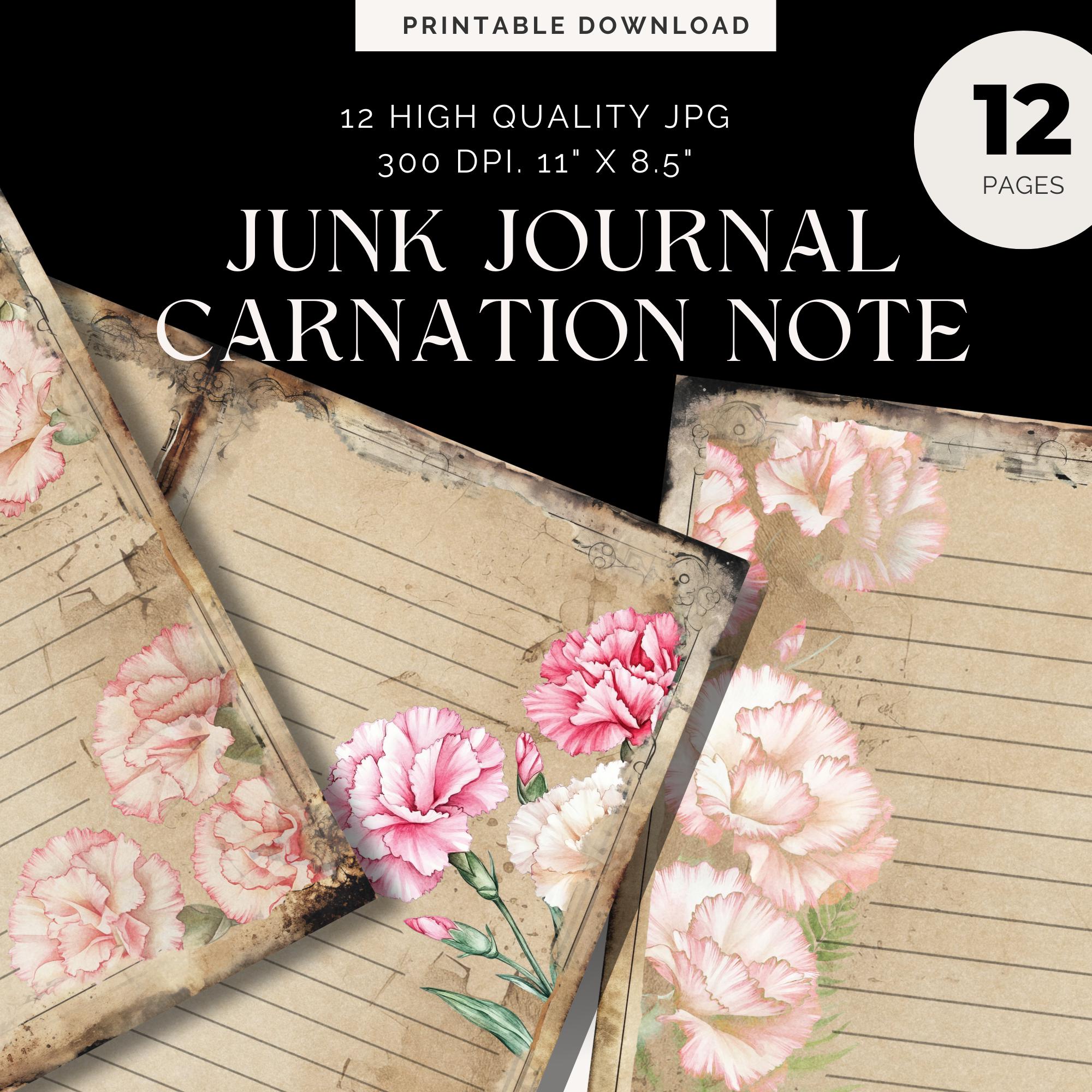 ピンクのカーネーションの罫線入りジャンクジャーナル ダブルページ