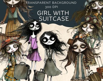 Quirky girl travel| Vacation Clipart | Luggage Clipart | Traveling Png | Summer Clipart | Girls Trip Clipart | junk journal | whimsical girl