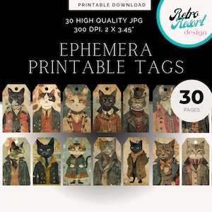 Des chats avec des vêtements | Des étiquettes pour tenir un journal pour chat | Hors-texte | chats vintage | Imprimable |  Étiquettes-cadeaux | Fournitures vintage pour journaux indésirables