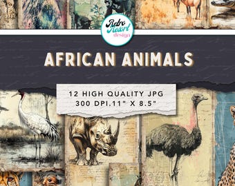 Afrikaanse dieren ongewenste dagboekpagina's, vintage safari wildlife collageblad (digitale download)