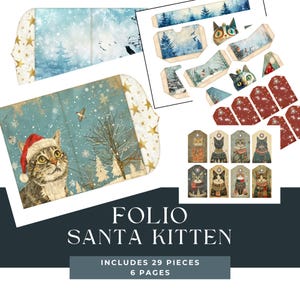 Diario basura navideño con diseño de gato, folio, diario basura navideño, folio Shabby Chic, efímera de bolsillo con tres pliegues, kit de álbum de recortes de papel imprimible