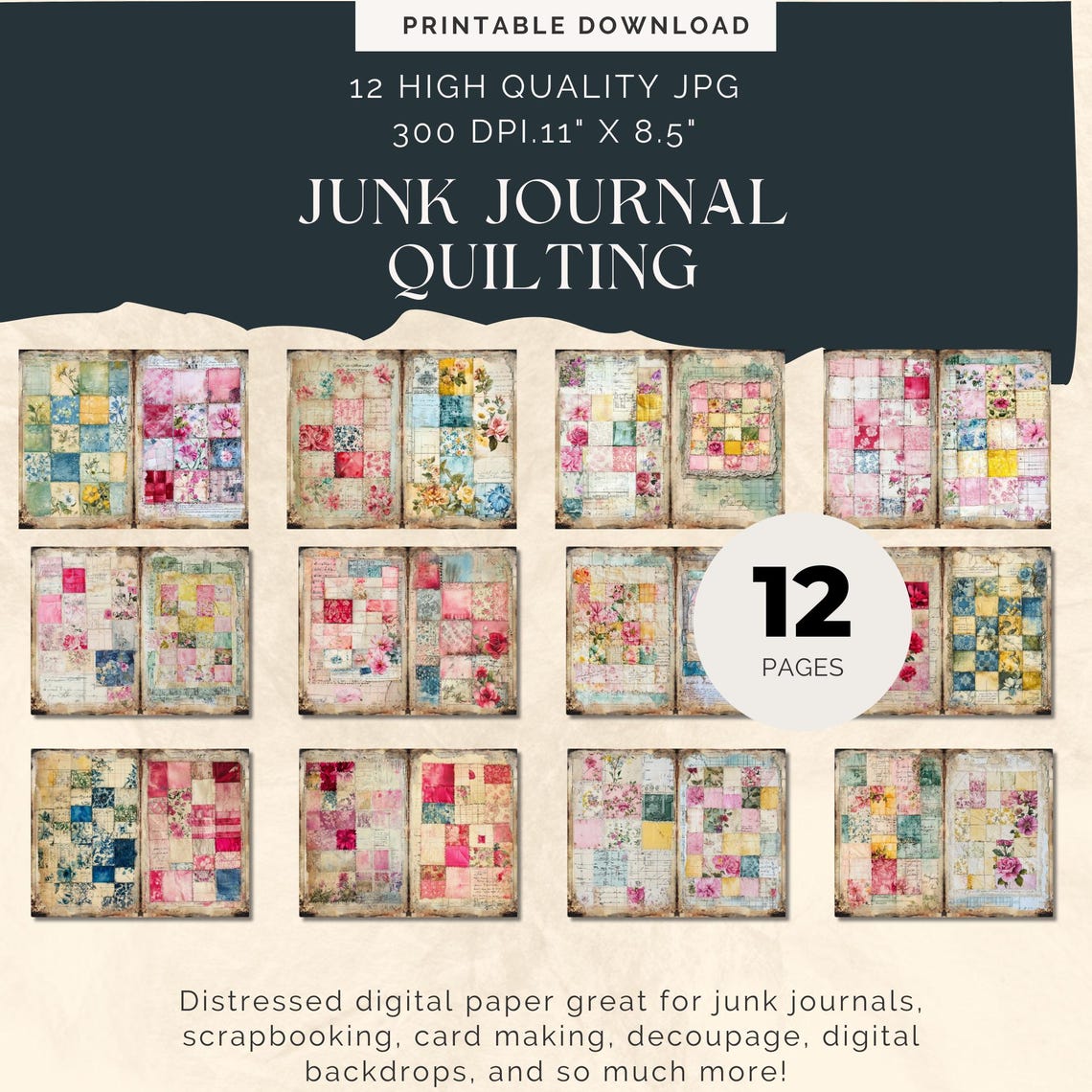 Spring Journal Quilt Patchwork Quilt Junk Journal Pages, Quilting Paper, Journal Digital ...