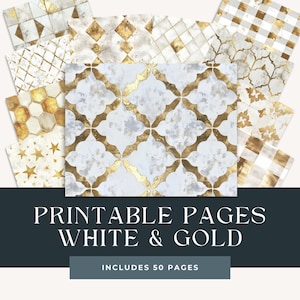 Moderne goud-witte plakboekset | 50 A4-vellen | Bundel voor directe download | WITGOUD DAMAST | digitaal plakboekpapier | A4-formaat