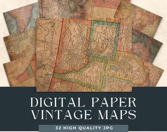 Papel digital con mapas antiguos, mapas antiguos, papel digital, mapa del mundo auténtico, paquete de papel para álbumes de recortes, suministros para hacer collages y tarjetas