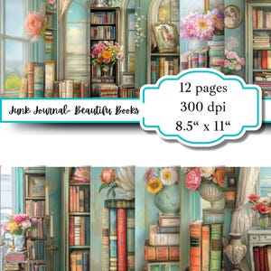 May include: Twelve digital scrapbook pages featuring vintage books, flowers, and a window view. The pages are 8.5 inches by 11 inches and 300 dpi.