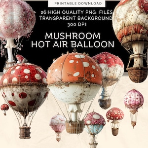 Mushroom hot air balloon Clipart, mushroom ephemera, Printable  clipart, High Quality PNG, cottage core ephemera, junk journals, Altered art