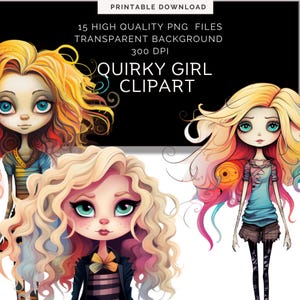15 Quirky Girl Clipart PNG | Commercial Use | Whimsical Ephemera  | Instant Download | Fantasy Junk Journal | Paper Craft | Transparent bg