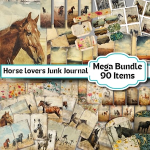 Junk Journal Kit "Horse Lovers" | 90 stuks | Afdrukbaar papier |Tags |Ephemera | Folio's | Papiermodellen | Collagevel: 11 x 8,5 inch