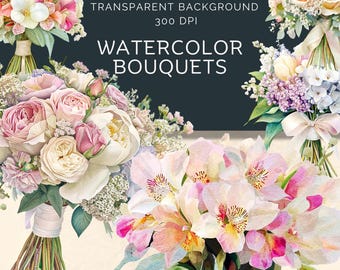 30 Watercolor Bouquet,transparent BAckground, png files, digital download, commercial use