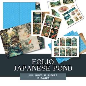 Étang japonais pour carpes koïs, folio pour journal indésirable | Journal de bordel de nénuphars l Pochette Shabby Chic | éphémère de poche à trois volets | kit de scrapbooking en papier imprimable