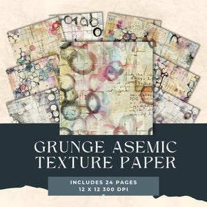 Op de afbeelding: Een verzameling grunge asemische textuurpapier vellen. De papieren tonen aquarel wassingen in roze, blauw en grijs, met handgeschreven script en cirkelvormige ontwerpen. De tekst onderaan luidt "GRUNGE ASEMIC TEXTURE PAPER". Elke vel meet 30,48 x 30,48 cm.