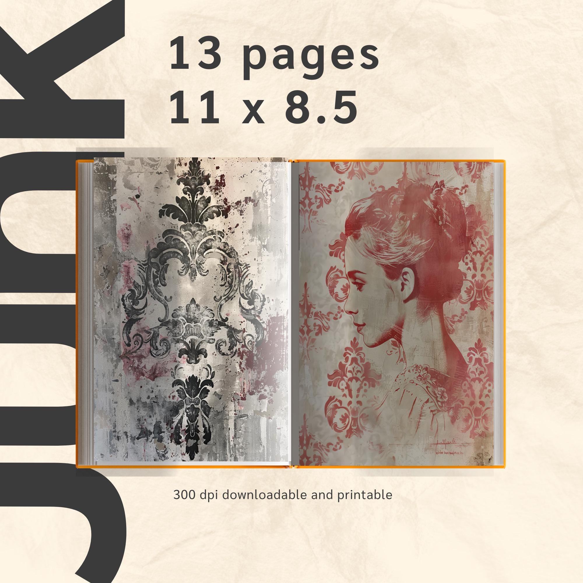 Red Journal Pages, Retro Classical Patterns, Scrapbook Paper