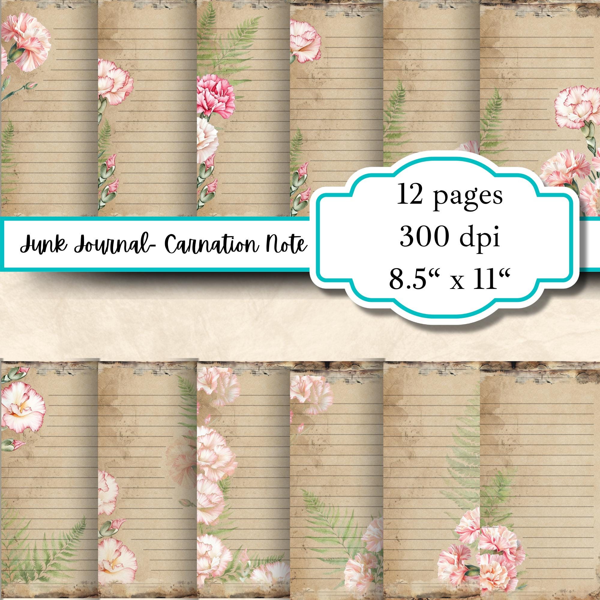 ピンクのカーネーションの罫線入りジャンクジャーナル ダブルページ