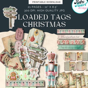 May include: A collection of printable Christmas-themed tags and ephemera. The design includes nutcrackers, Christmas ornaments, and vintage-style elements. The printable download is 11" x 8.5" and includes 21 pages. The tags feature phrases like "Merry Christmas".
