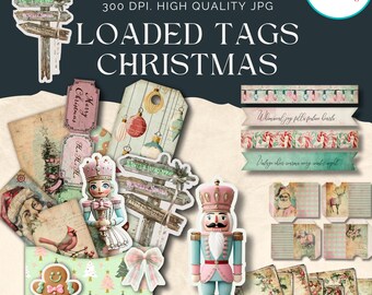 Puede incluir: Una colección de etiquetas y efímeras imprimibles con temática navideña. El diseño incluye cascanueces, adornos navideños y elementos de estilo vintage. La descarga imprimible mide 27,9 cm x 21,6 cm e incluye 21 páginas. Las etiquetas incluyen frases como "Merry Christmas".