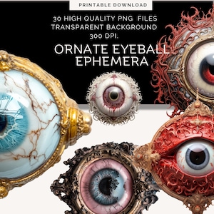 Op de afbeelding: Een set van 30 digitale, afdrukbare afbeeldingen van sierlijke oogbollen met ingewikkelde frames. De oogbollen zijn in verschillende kleuren, waaronder rood, blauw en wit. De frames zijn goud, zilver en zwart. De afbeeldingen zijn van hoge kwaliteit en hebben een transparante achtergrond.