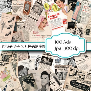 Anúncios de beleza nostálgica | 100 impressões de revistas antigas | Colagem vintage dos anos 1950 | Ephermera de diário de lixo faça você mesmo | anúncio de mulheres vintage