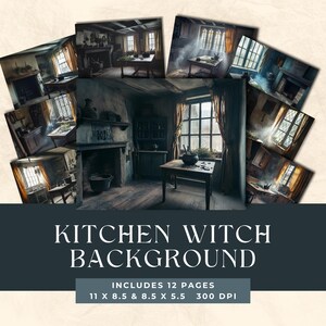 Pode incluir: Um conjunto de fundos digitais com uma cozinha de bruxa. As imagens mostram um interior rústico com lareira, mesa de madeira e janela. O texto na imagem diz "KITCHEN WITCH BACKGROUND" e "INCLUDES 12 PAGES 11 X 8.5 & 8.5 X 5.5 300 DPI."
