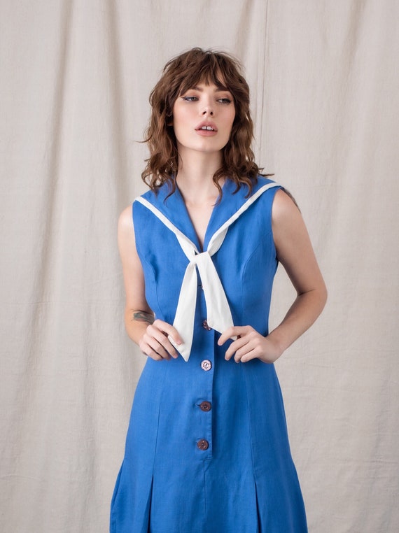 1960s Blue Linen Sailor Dress