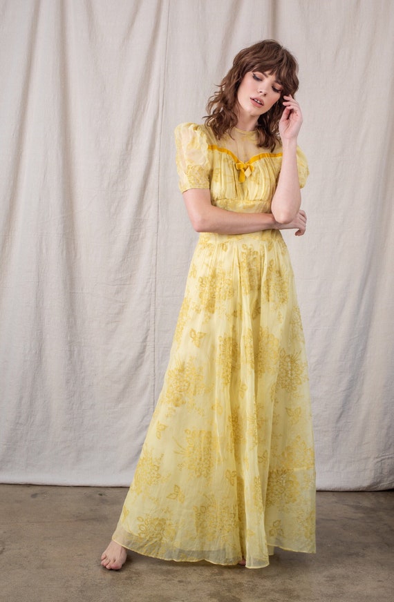 1940's Yellow Floral Organza Dress