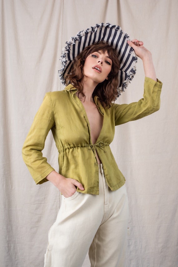 1960s Chartreuse Linen Tie Top