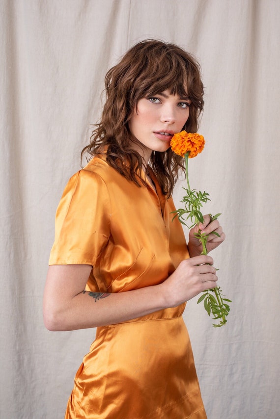 1940s Rust Orange Satin Peplum Dress