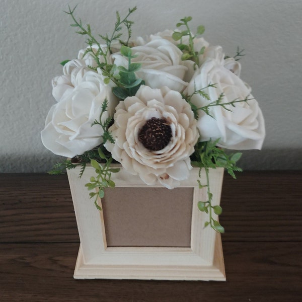 Wood photo cube, memorial photos, wood flower arrangement, sola flower gift