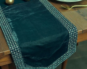 Handmade Dark Green Velvet Table Runner