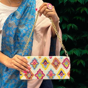 Ashoka Clutch - Handmade Vibrant Beaded Clutch with Diamond Pattern