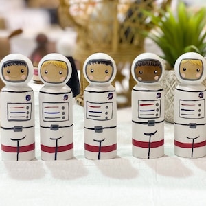 Astronaut Peg Dolls, Jumbo, Outer Space Themed Wooden Toys for Kids, Montessori Inspired Space Exploration Figures, Space Nursery Decor