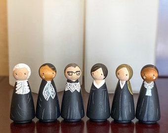 Female Supreme Court Justices Peg Dolls, RBG, dissent collar, lawyer gift, graduation gift, international women’s day