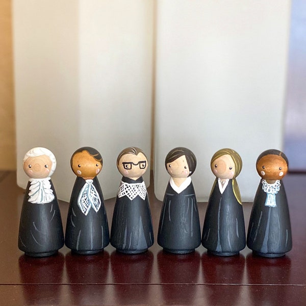 Female Supreme Court Justices Peg Dolls, RBG, dissent collar, lawyer gift, graduation gift, international women’s day