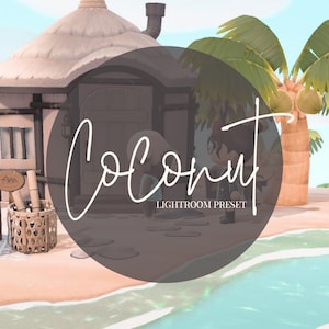 May include: A digital illustration of a tropical island scene with a small hut, palm trees, and a beach. The text "Coconut Lightroom Preset" is written in white on a black circle.