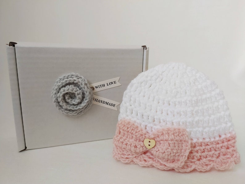 baby coming home outfit baby beanie baby shower gift baby photo prop pink bow hat Crochet baby hat white and pink hat